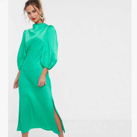 green silk midi dress